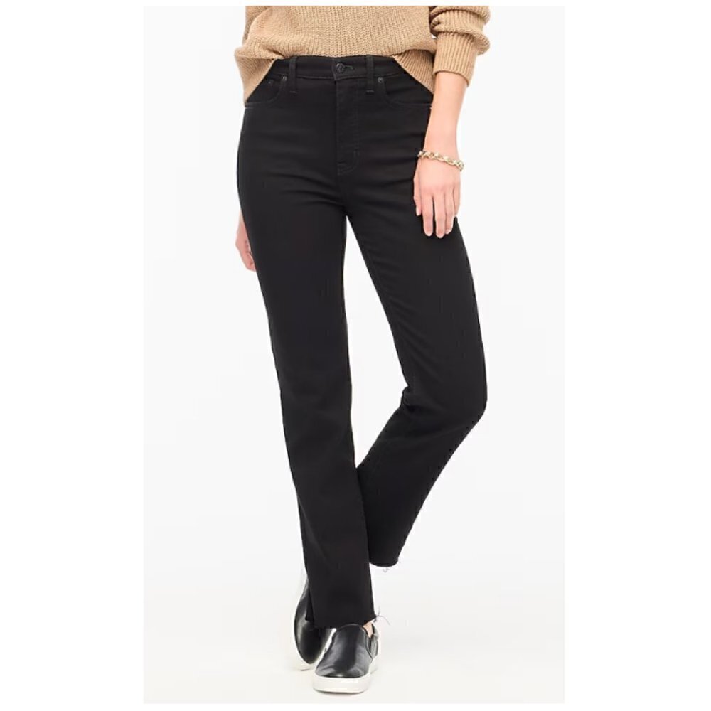 J. Crew Stovepipe Signature Stretch Straight Leg Jeans Raw Hem Black Size 35 NWT